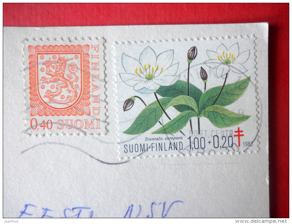 Christmas Greeting Card - Santa Claus - dog - gift - flowers - Finland - sent from Finland Turku to Estonia USSR 1983 - JH Postcards