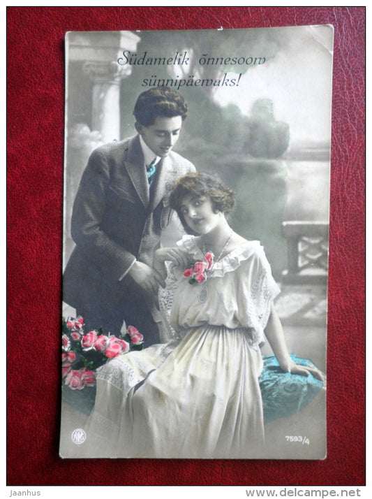 Birthday Greeting Card - man and woman - NPG 7593/4 - circulated in Estonia - used - JH Postcards
