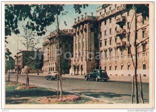 new houses at Leningrad highway - cars Pobeda , Moskvitch - Moscow - 1957 - Russia USSR - unused - JH Postcards