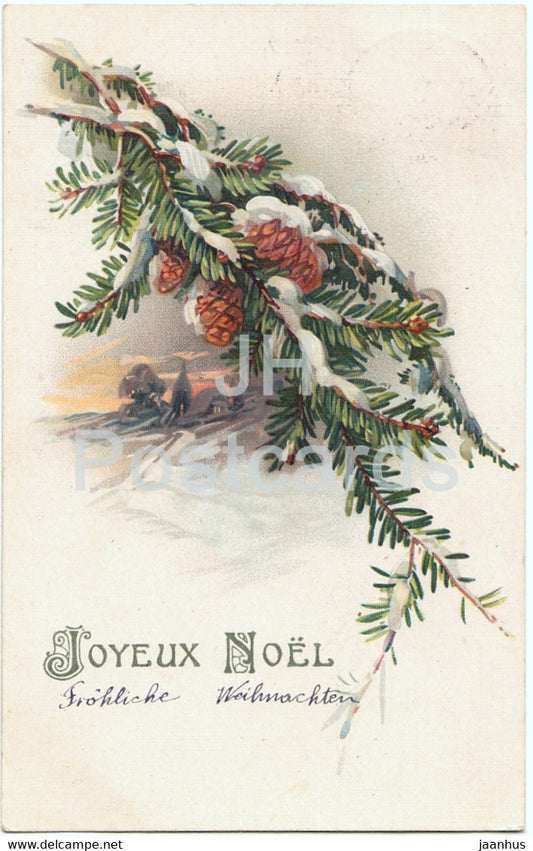 Christmas Greeting Card - Joyeux Noel - fir cones - 2790 - old postcard - 1920 - France - used - JH Postcards