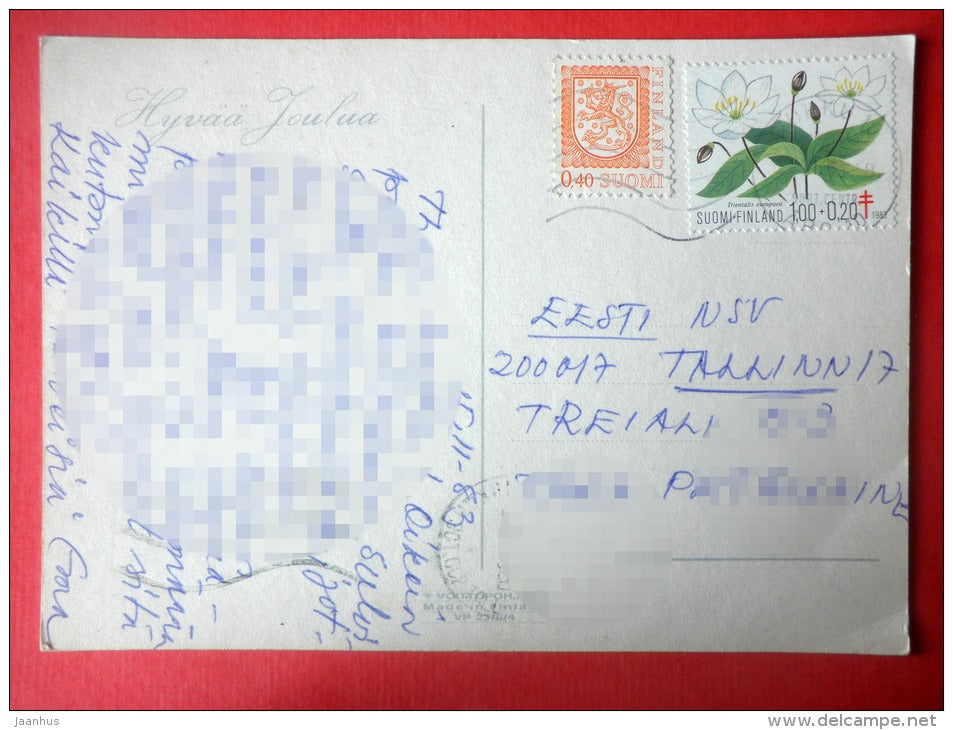 Christmas Greeting Card - Santa Claus - dog - gift - flowers - Finland - sent from Finland Turku to Estonia USSR 1983 - JH Postcards