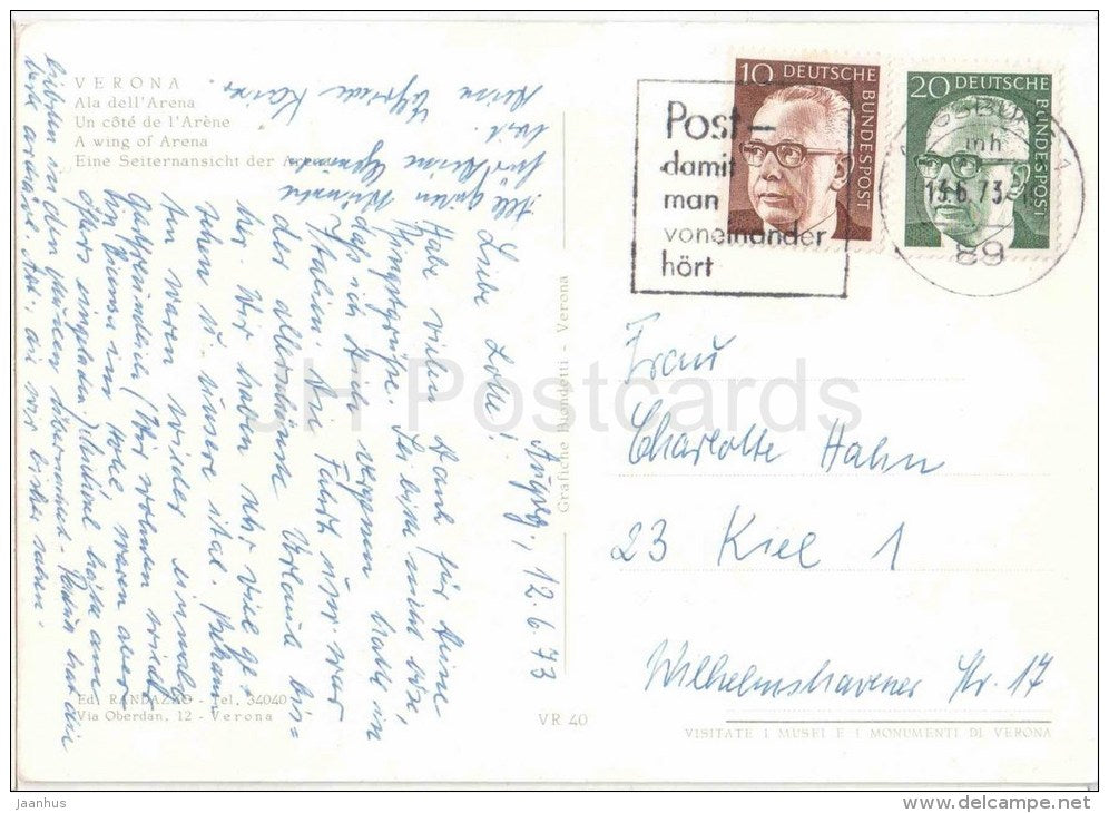 Ala dell`Arena - A Wing of Arena - Verona - Veneto - VR 40 - Italia - Italy - circulated in Germany 1983 - JH Postcards