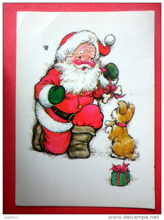 Christmas Greeting Card - Santa Claus - dog - gift - flowers - Finland - sent from Finland Turku to Estonia USSR 1983 - JH Postcards