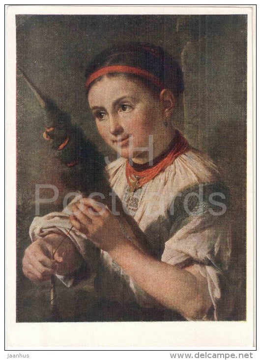 painting by V. Tropinin - The Weather - young woman - State Tretyakov Gallery - russian art - unused - JH Postcards