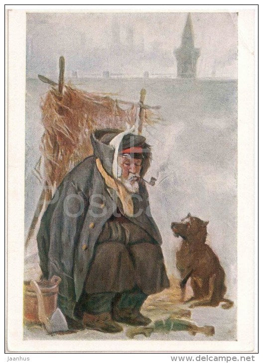 painting by P. Shmelkov - Old Man . Dog - axe - russian art - unused - JH Postcards