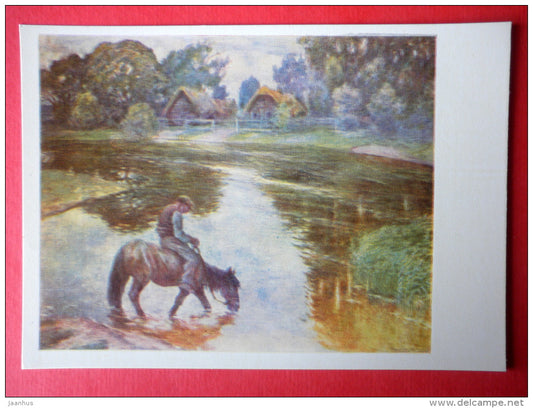 painting by Petras Kalpokas - The Evening . 1926 - horse - lithuanian art - unused - JH Postcards
