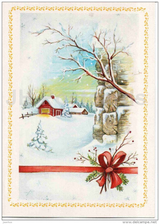 Christmas Greeting Card - illustration - winter view - house - Finland - used in 1995 - JH Postcards