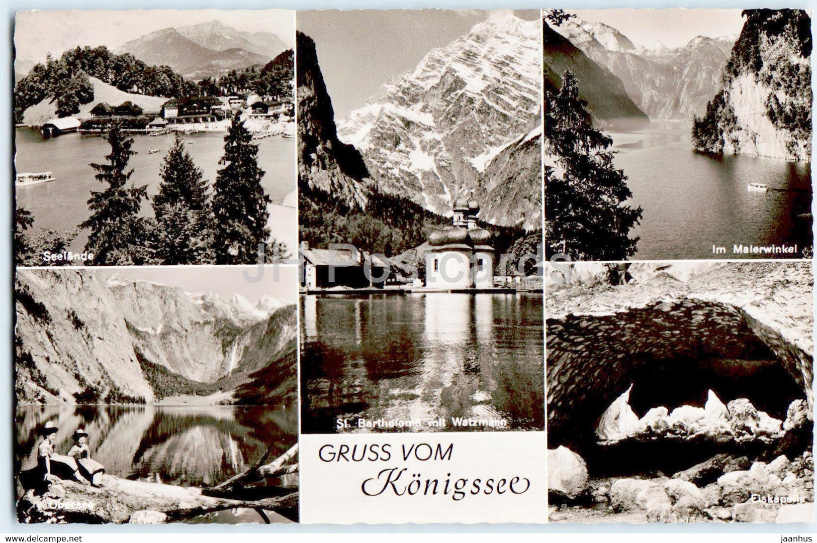 Gruss vom Konigssee - Obersee - St Bartholoma - Malerwinkel - Eiskapelle - old postcard - 1958 - Germany - used - JH Postcards