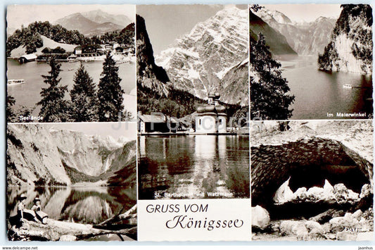 Gruss vom Konigssee - Obersee - St Bartholoma - Malerwinkel - Eiskapelle - old postcard - 1958 - Germany - used - JH Postcards