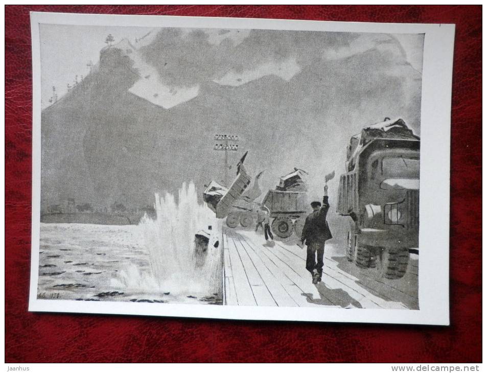 Painting by O. G. Vereysky - storm - trucks - russian art - unused - JH Postcards