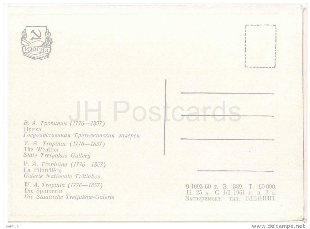 painting by V. Tropinin - The Weather - young woman - State Tretyakov Gallery - russian art - unused - JH Postcards