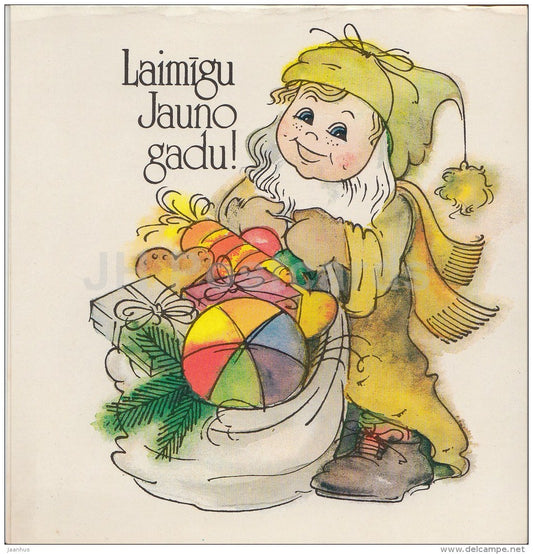 mini New Year Greeting card by A. Greivule - dwarf - gnome - 1987 - Latvia USSR - unused - JH Postcards