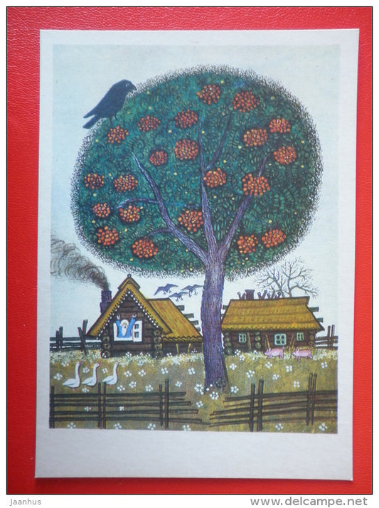 illustration by Y. Vasnetsov - crow - rowan tree - Russian folk songs and Nursery Rhymes - 1970 - Russia USSR - unused - JH Postcards