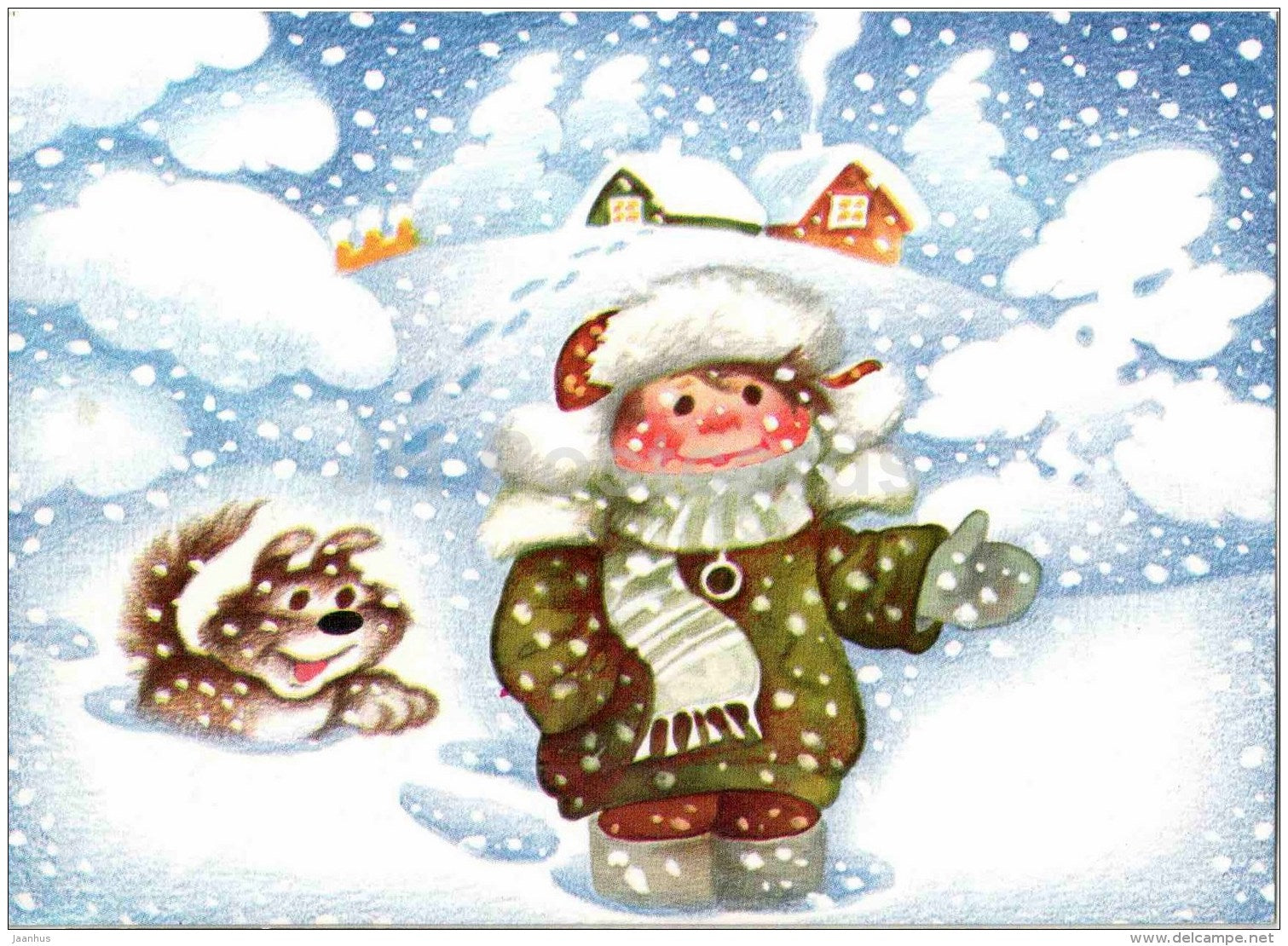 New Year greeting Card by Ü. Meister - boy with dog - winter - 1990 - Estonia USSR - unused - JH Postcards