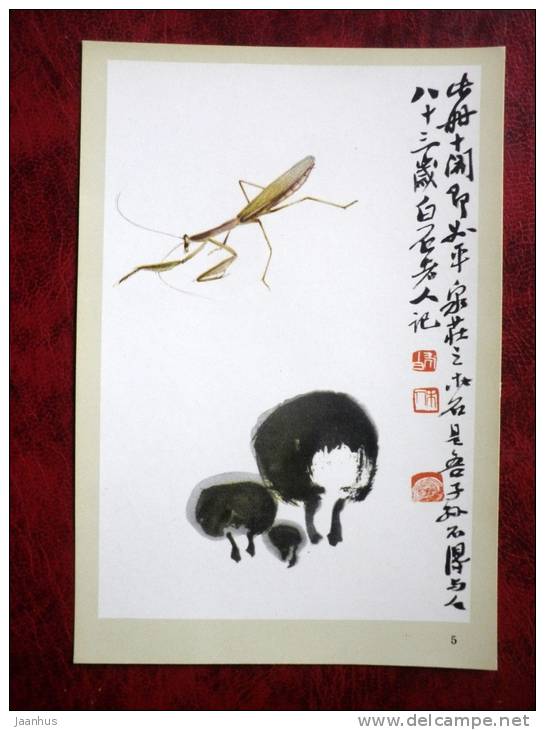 Chinese art - painting by Chi Pai Shih - mantis and mushrooms - insect - printed on thin paper - Russia - USSR - unused - JH Postcards