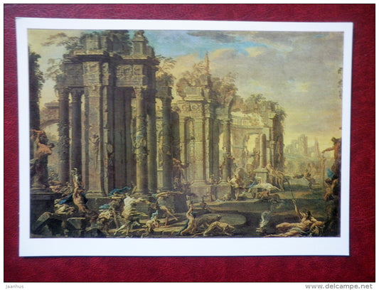 painting by Alessandro Magnasco , Bacchanalian Scene - ruins - italian art - unused - JH Postcards