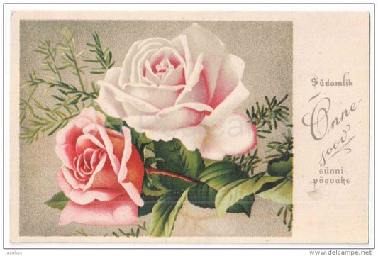 Birthday Greeting Card - Roses - T.E.K. - old postcard - circulated in Estonia - JH Postcards