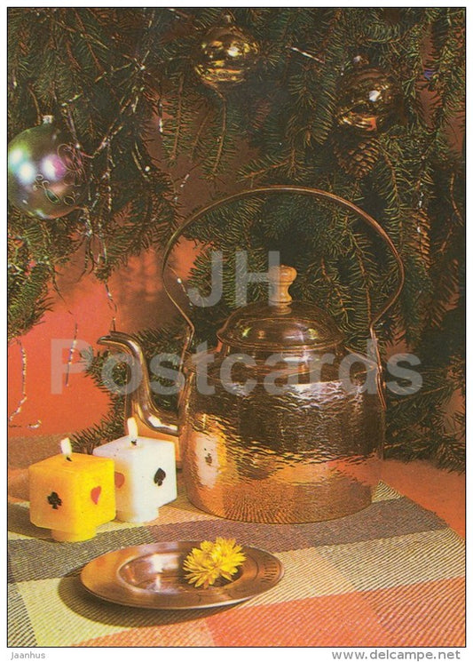 New Year Greeting card - 2 - candles - teapot - 1983 - Estonia USSR - used - JH Postcards