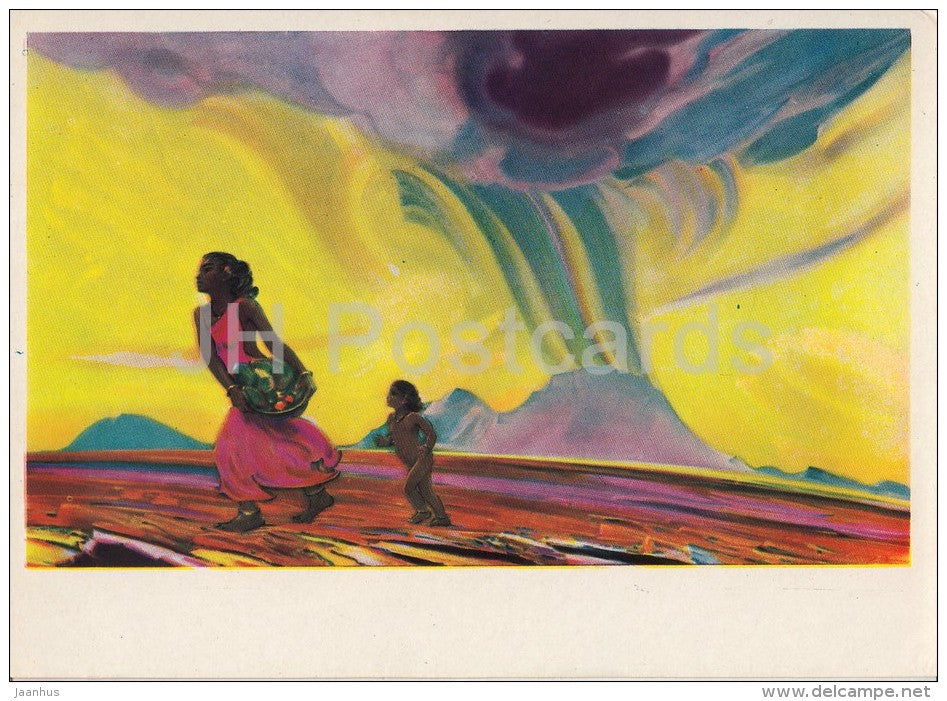 painting by S. Roerich - Red Land , 1947 - woman and child - Russian art - 1960 - Russia USSR - unused - JH Postcards