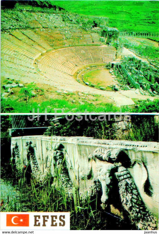 Ephesus - Efes - The Great Theatre and the face a bath fountain in consul baths - ancient world - 403 - Turkey - unused - JH Postcards