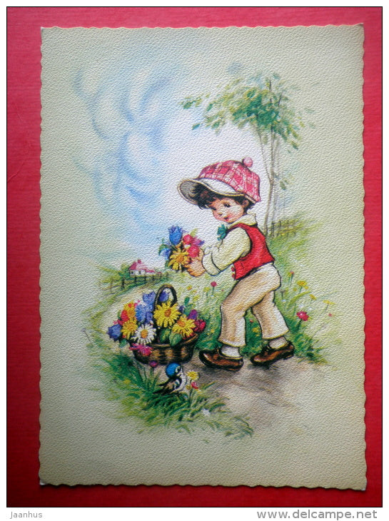 illustration - boy - flowers - birds - 1824/8 - Finland - circulated in Finland 1979 - JH Postcards