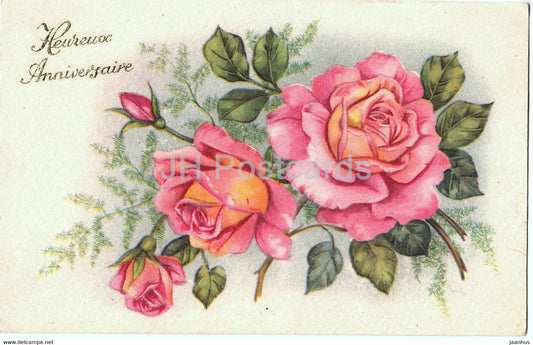 Birthday Greeting Card - Heureux Anniversaire - roses - SP - illustration - old postcard - France - used - JH Postcards