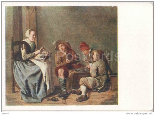 painting by Jan Miense Molenaer - The Lacemaker and the boys playing cards - dutch art  - unused - JH Postcards