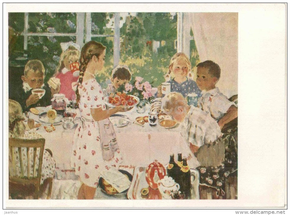 painting by O. Bogayevskaya - Guests , 1960 - children bithday - russian art - unused - JH Postcards
