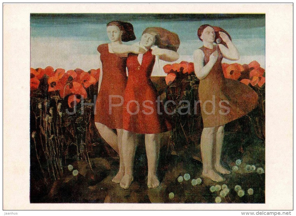 painting by R. Muzis - June , 1972 - poppy field - women - latvian art - unused - JH Postcards