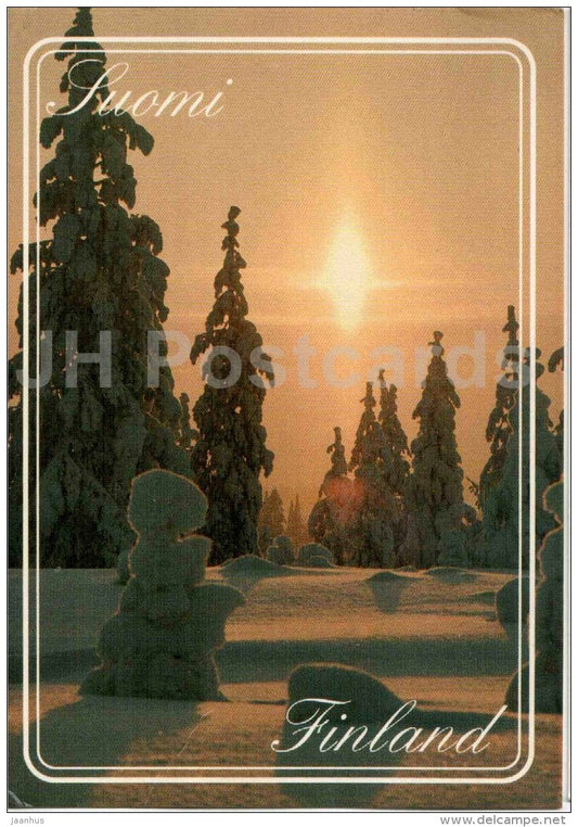 Christmas Greeting Card - winter forest view - birds stamp - Par Avion - Finland - used in 1992 - JH Postcards