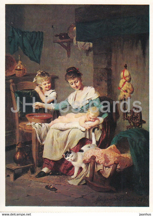 painting by Eugen Klimsch - Muttergluck - Mother's happiness - children - baby - cat - German art - Germany - unused - JH Postcards