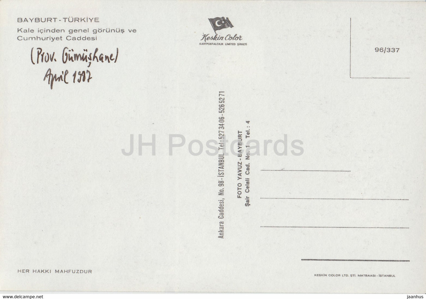 Bayburt - General view from the castle ruins and Cumhuriyet Street - 1987 - Turkey - used