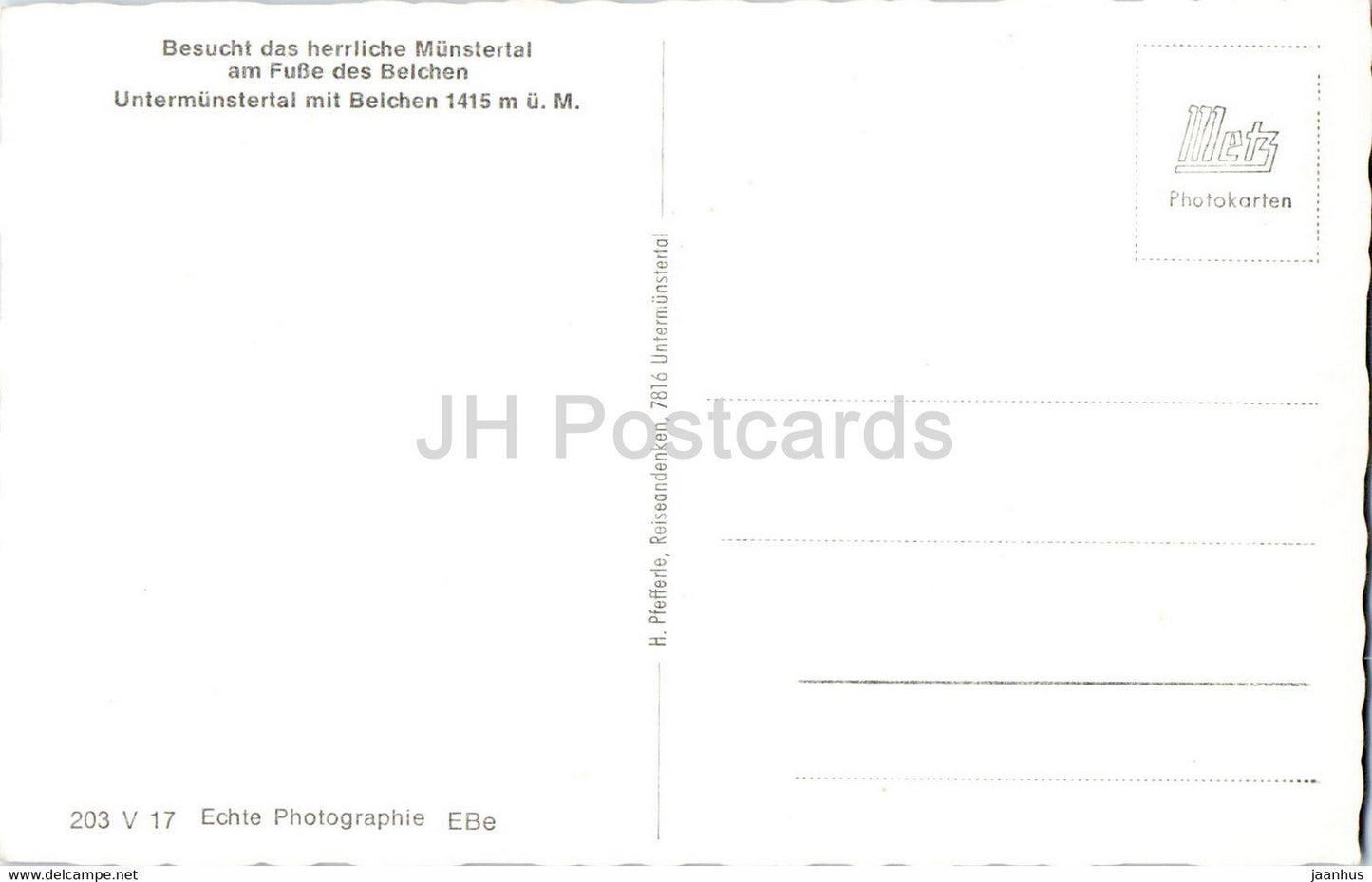 Untermunstertal mit Belchen - old postcard - Germany - unused