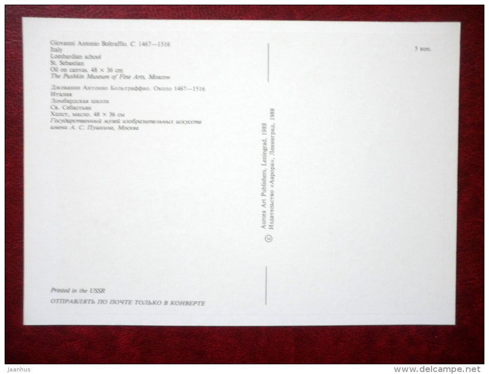 painting by Giovanni Antonio Boltraffio , Portrait of a boy as saint Sebastian - italian art - unused - JH Postcards