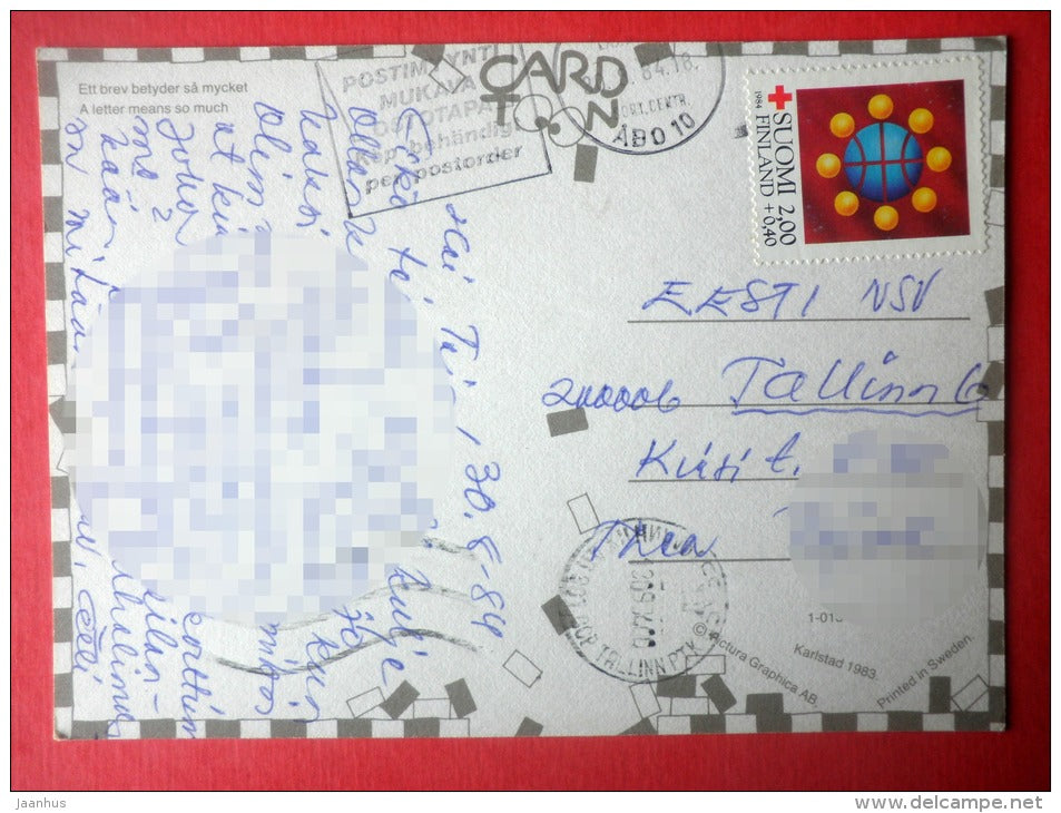 illustration - envelope - cover - cat - Sweden - sent from Finland to Estonia USSR 1984 - JH Postcards