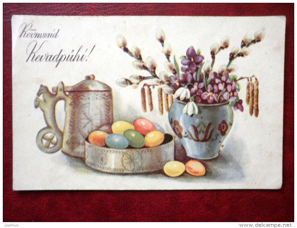 Easter Greeting Card - flowers - eggs - mug - RTK 513 - 1920s-1930s - Estonia - used - JH Postcards