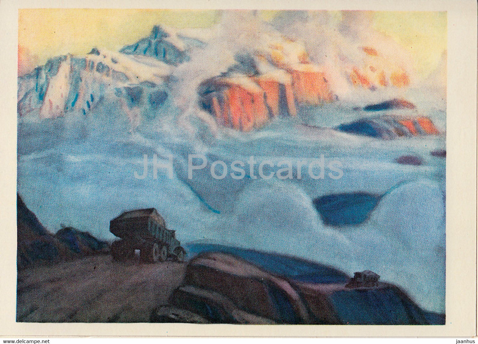 across Kyrgyzstan by V. Rogachev - on the road to Chetkal valley - illustration - 1979 - Russia USSR - unused - JH Postcards