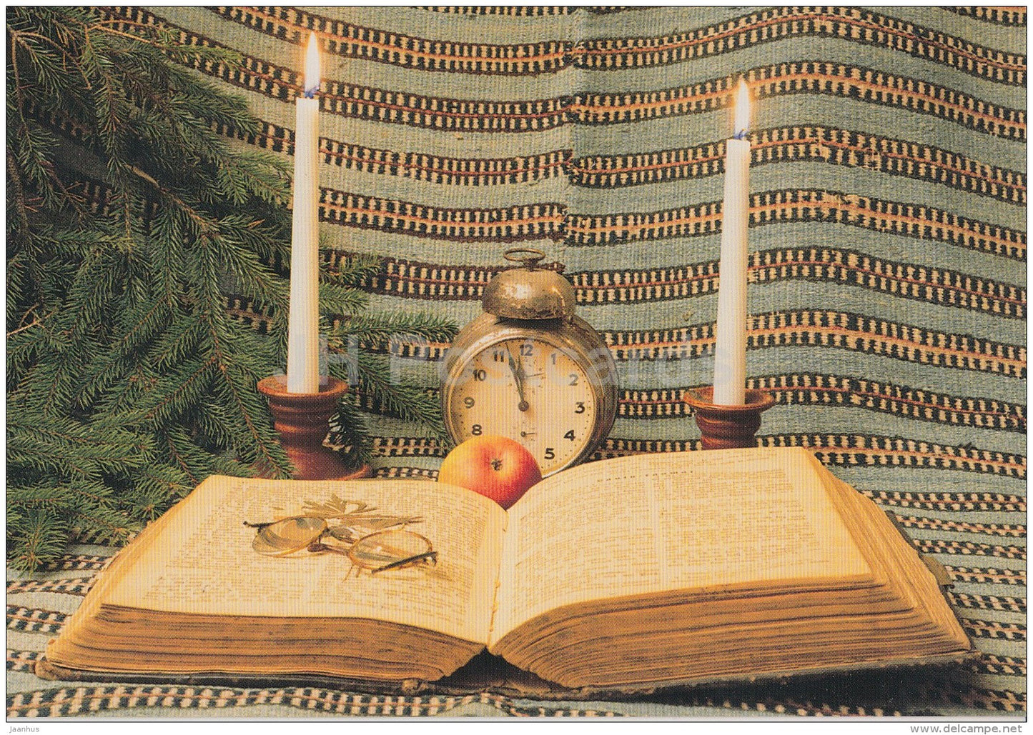 Christmas Greeting Card - Bible - clock - glasses - Estonia - used in 2003 - JH Postcards