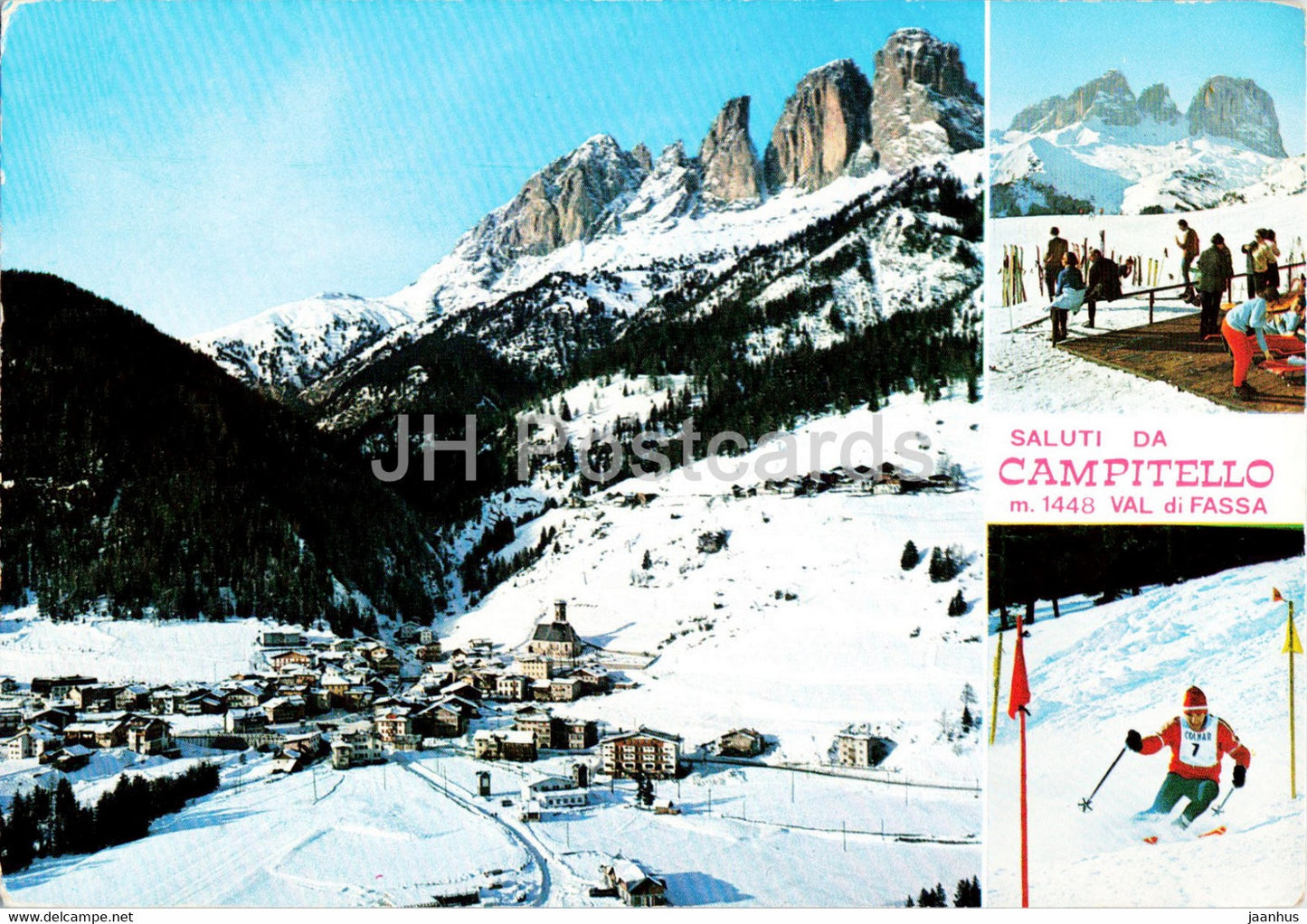 Saluti da Campitello m 1448 Val di Fassa - alpine skiing - 1971 - Italy - used - JH Postcards