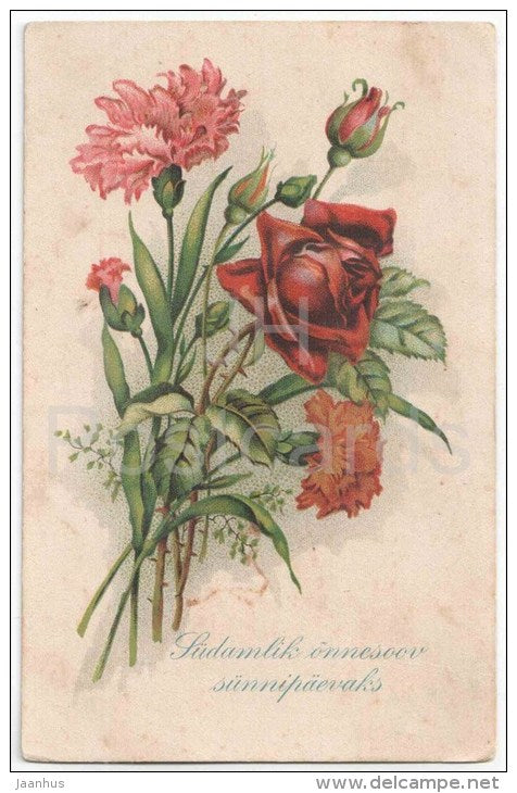Birthday Greeting Card - Carnation - Roses - flowers - KJ Tartu 3 - old postcard - circulated in Estonia - JH Postcards