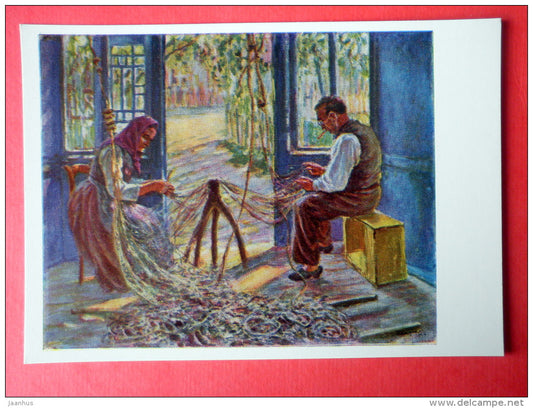 painting by Petras Kalpokas - A Peaceful Life . 1926 - man and woman - fishing net - lithuanian art - unused - JH Postcards