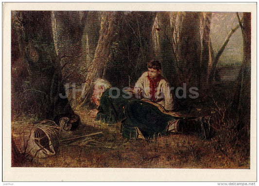 painting by V. Perov - Birder , 1870 - old man - boy - whistle - Russian Art - 1960 - Russia USSR - unused - JH Postcards