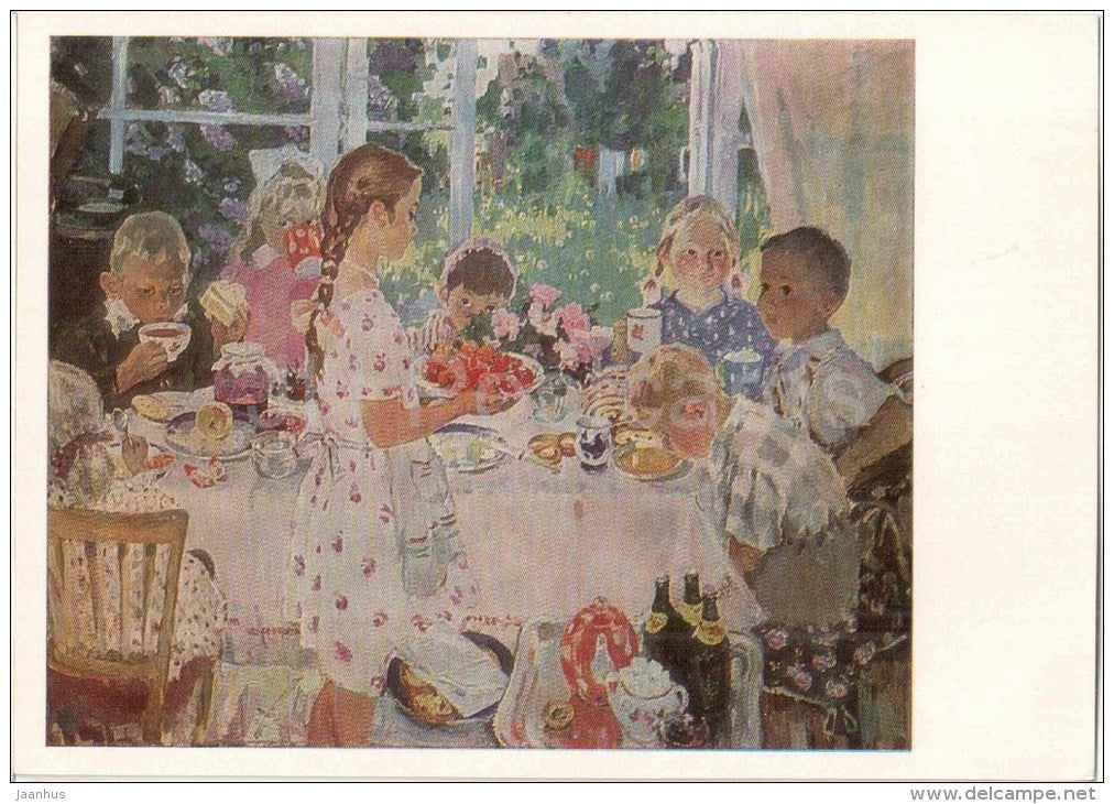painting by O. Bogayevskaya - 1 - Guests , 1960 - children bithday - russian art - unused - JH Postcards