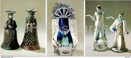 goblets - sculptured clock - clowns - porcelain and faience - applied art - Russian art - 1984 - Russia USSR - unused - JH Postcards