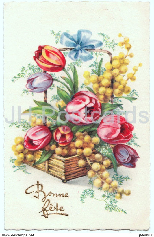 Birthday Greeting Card - Bonne Fete - flowers - flowers in a basket - illustration - old postcard - France - used - JH Postcards