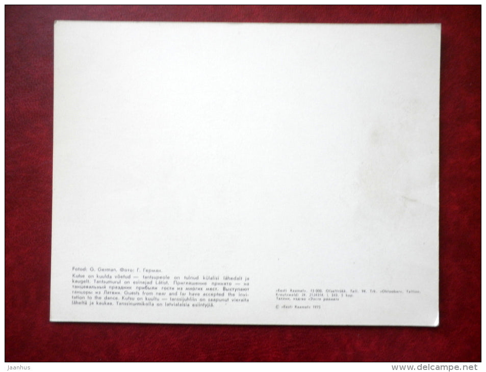 folk dancers - guests - folk costumes - dance festival - large format card - 1975 - Estonia USSR - unused - JH Postcards
