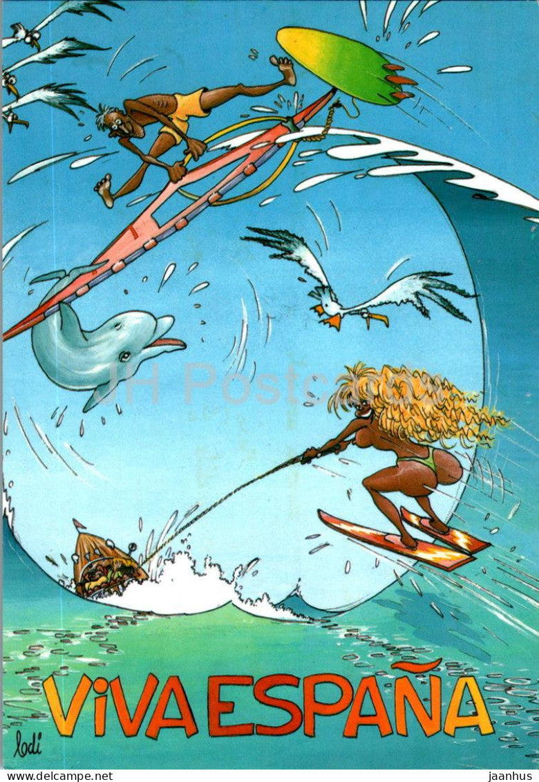Viva Espana - illustration - lodi - surfing - waterski - 585/5 - Spain - used - JH Postcards
