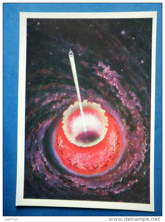 illustration by A. Sokolov - Launching from the Asteroid - spaceship - space - Russia USSR - 1973 - unused - JH Postcards