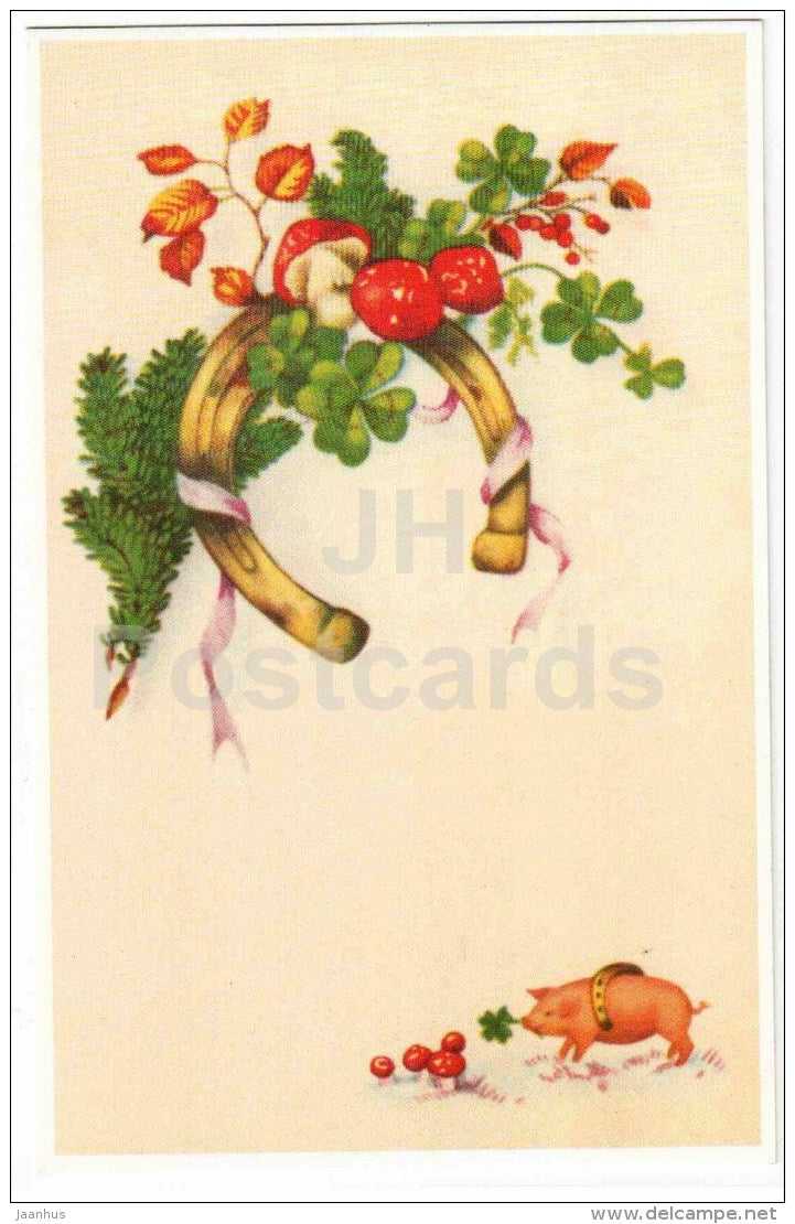 mushroom - toadstool - big - horseshoe - old postcard reproduction - Estonia - unused - JH Postcards