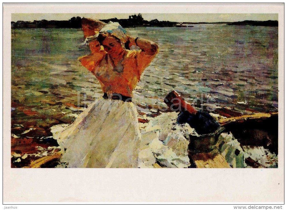 painting by V. Gavrilov - A New Day , 1958 - woman - russian art - unused - JH Postcards